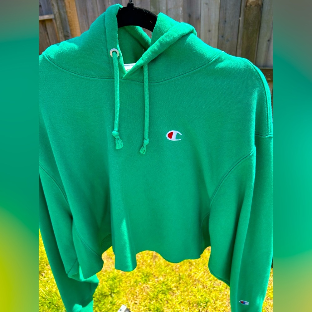 Green Reverse Weave Cut-off Cropped Hoodie